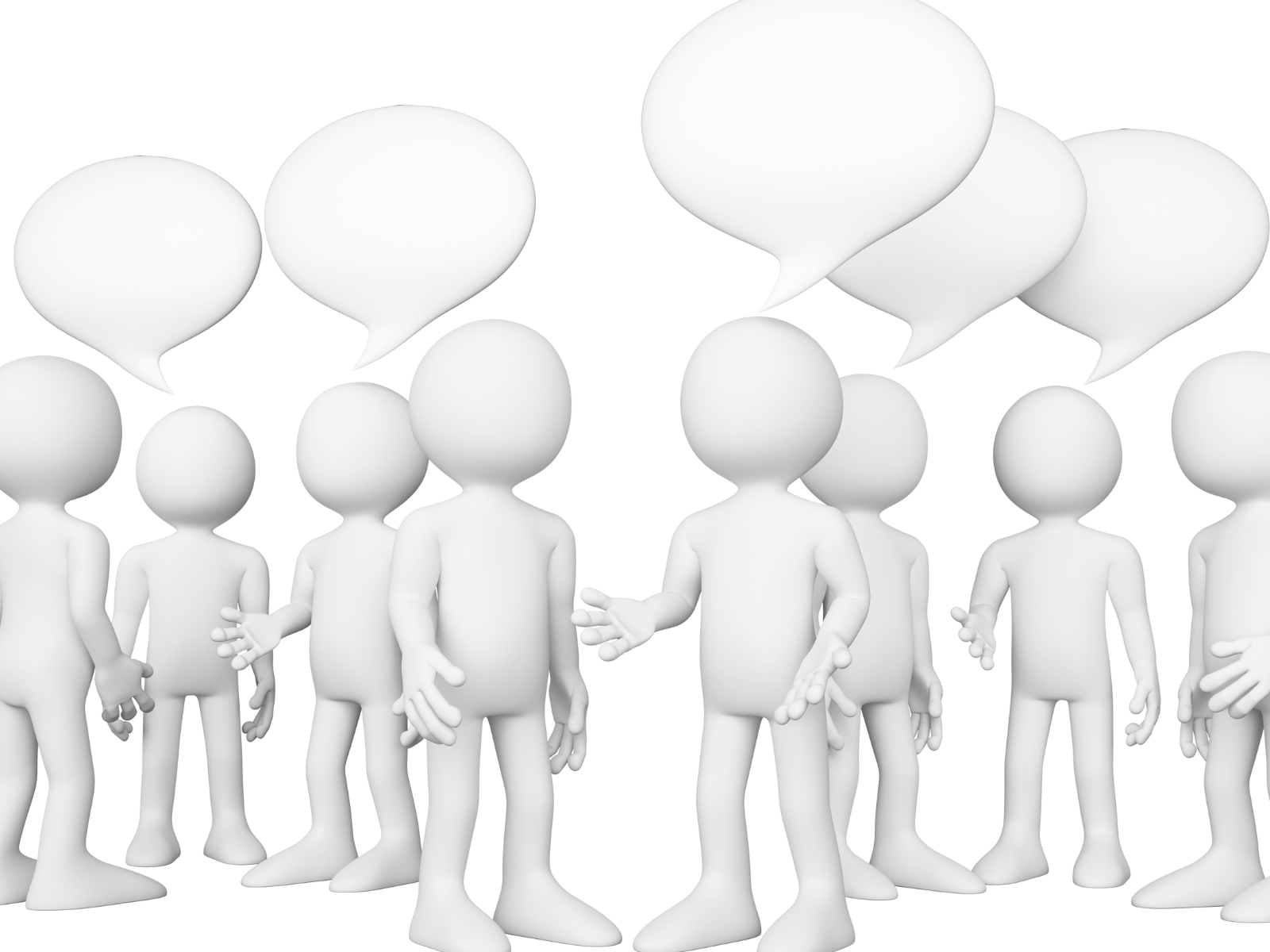 Animated white figures with speech bubble above their heads 